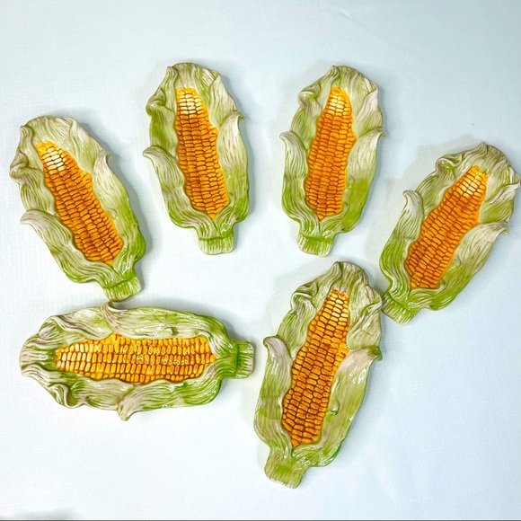 nd exclusive Other - CORN plates 6 corn holder bowls modern farmhouse exclusive dishes green gold